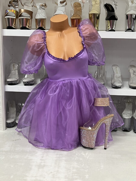 Frosted Organza Babydoll Dress in lavender with puff sleeves and organza skirt