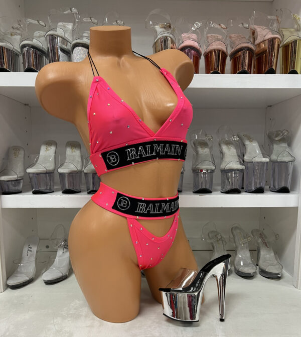 Hot Coral Inspired 2pc Rhinestone Tri-Top and Thong
