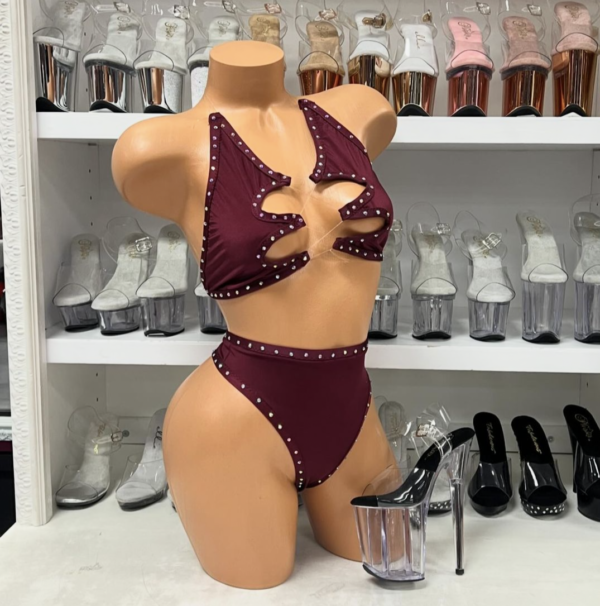 Rhinestone Burgundy Halter Top with Fishline and High Waist Bottoms