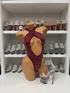 Maroon solid rhinestone romper with cross-back design and cutout details