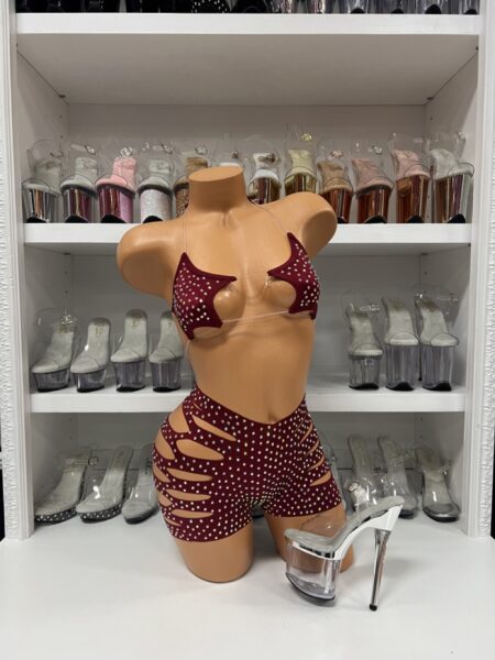 Maroon rhinestone star print cut-out top and shorts set with strappy details