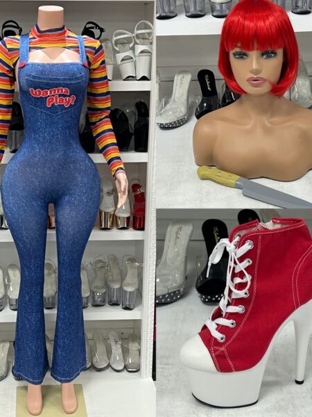 “Doll’s Play costume set striped shirt with denim overalls and red wig”