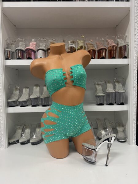 Starlight Rhinestone Cut-Out Set - Mint Two Piece Outfit