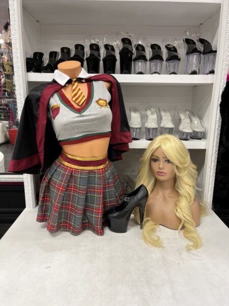 Spellbinding School Girl Costume with cropped uniform top, plaid pleated mini skirt, striped tie, crest details, and coordinating cape.
