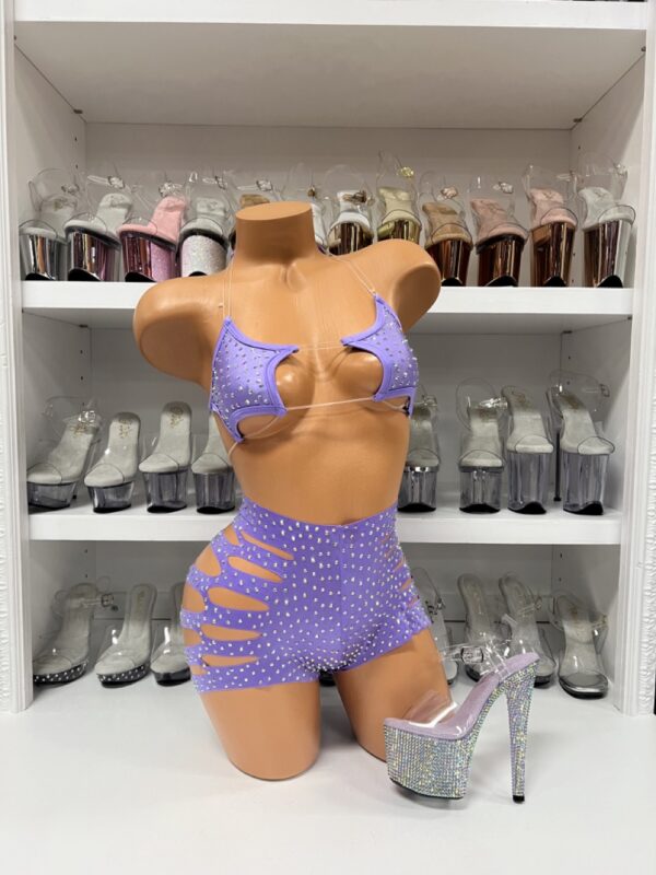 Lilac star print short set with cutout details on mannequin