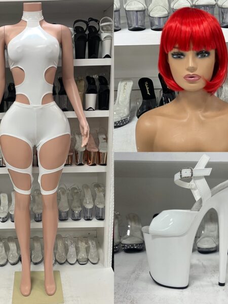 Futuristic Element Costume white romper with dramatic cutouts and halter neckline, sci-fi cosplay look