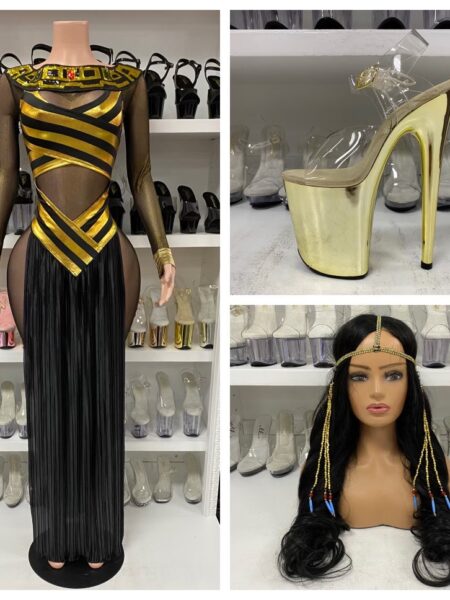 Black Egyptian queen catsuit with gold chest detail and sheer sleeves