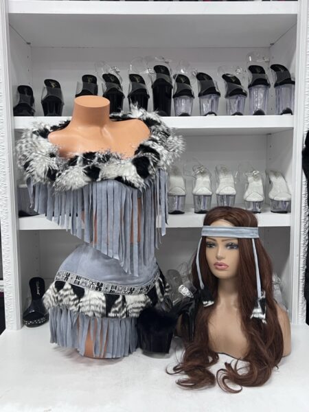 Gray faux fur fringe costume with crop top mini skirt headband and furry leg warmers