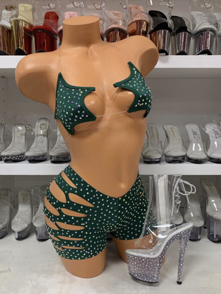 Hunter green rhinestone two-piece set with cutout details and strappy design