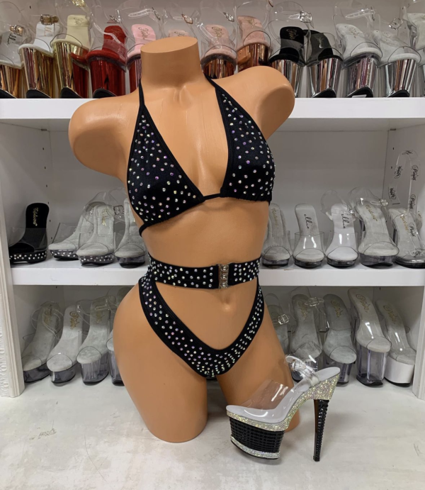 Black 2pc Solid Rhinestone High Waist With Buckle
