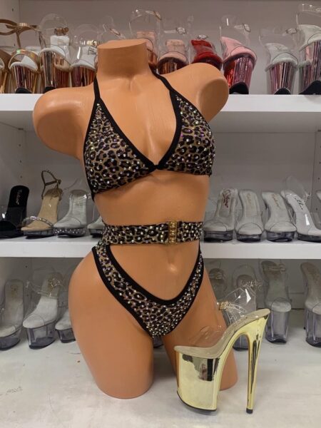 Cheetah 2pc Pattern Rhinestone High Waist With Buckle