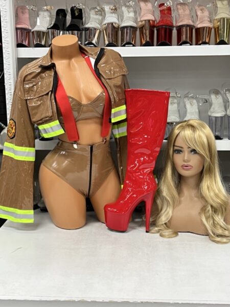 Sexy firefighter costume set with jacket, bra, and high waist bottoms