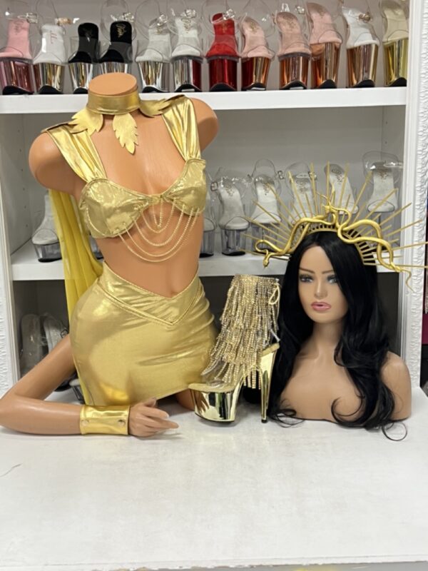 Sexy medusa costume gold metallic foil bra drapes mini skirt choker
