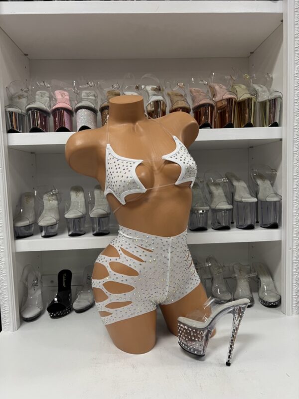 White rhinestone star print cut-out top and shorts set with strappy details
