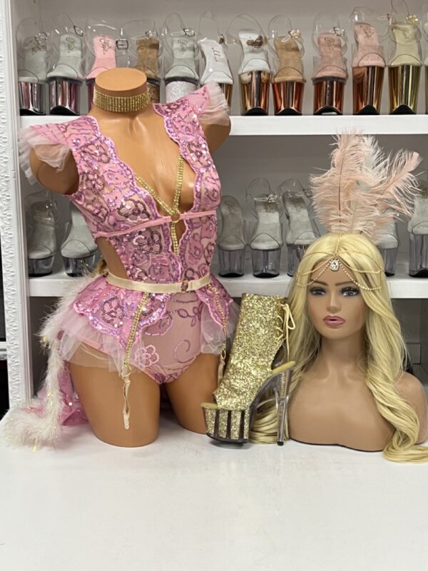 Pink sequin flamingo showgirl costume with feather trim, gold headpiece, and tulle skirt