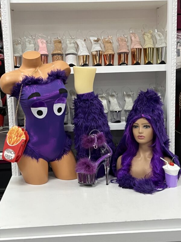 Purple shiny teddy costume with fuzzy monster details and matching hood
