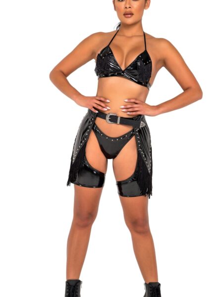 Studded Vinyl Bikini Top with Fringe Detail