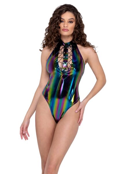 Vinyl Romper with Lace-Up Detail