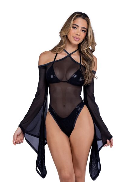 6497 - Sheer Mesh Romper with Bell Sleeves