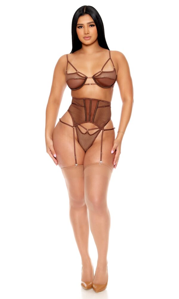 Caught Up O-Net Bra and Waist Cincher Lingerie Set - Brown - Image 4