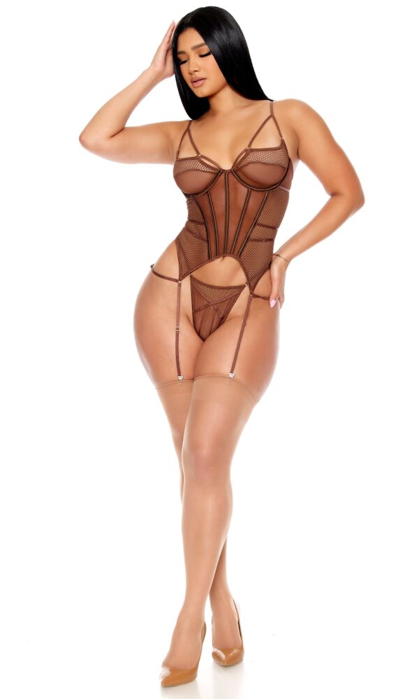 Caught Up O-Net Bustier Lingerie Set - Brown - Image 3