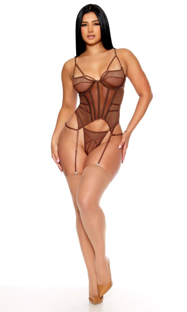 Caught Up O-Net Bustier Lingerie Set - Brown - Image 4