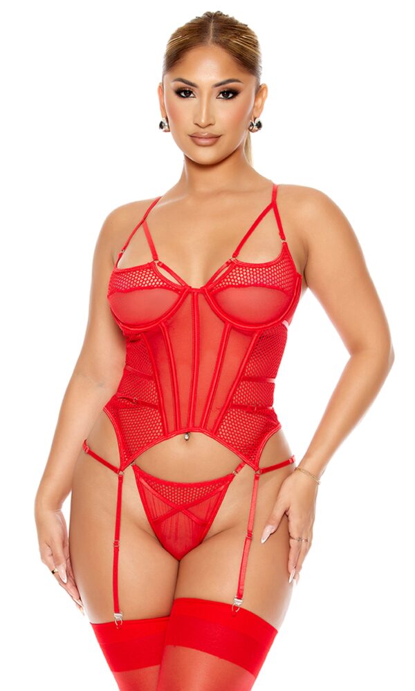 Caught Up O-Net Bustier Lingerie Set - Red