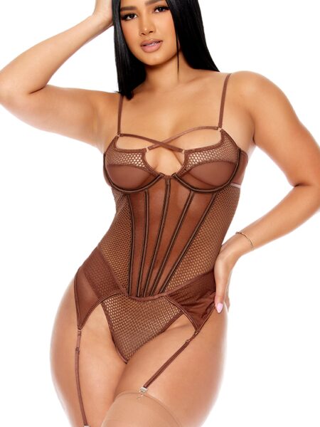 Caught Up O-Net Corset Style Teddy - Brown