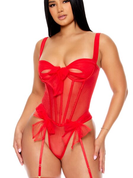 Unwrap Me Mesh Bow Corset Style Teddy - Red