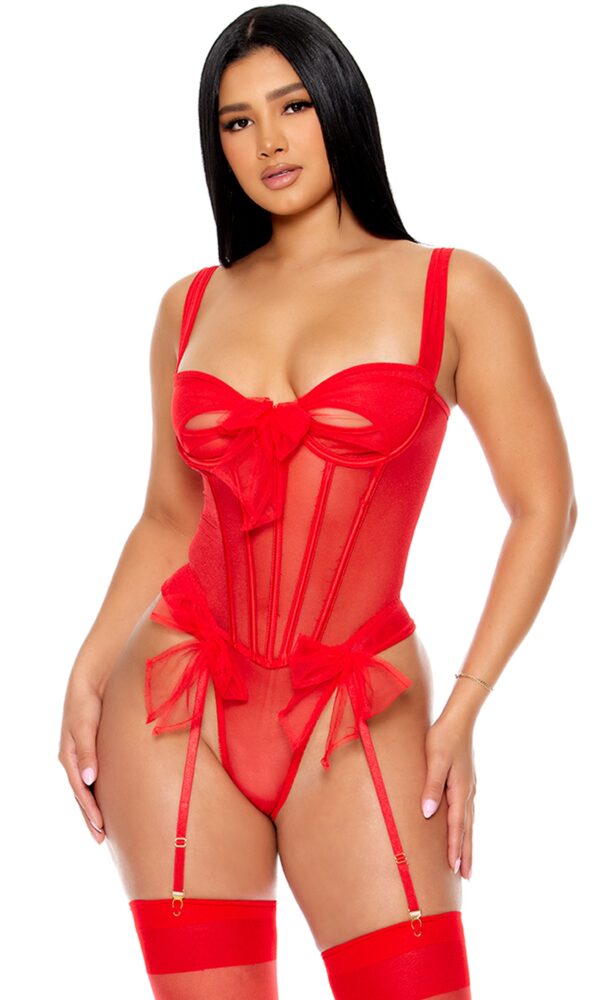 Unwrap Me Mesh Bow Corset Style Teddy - Red