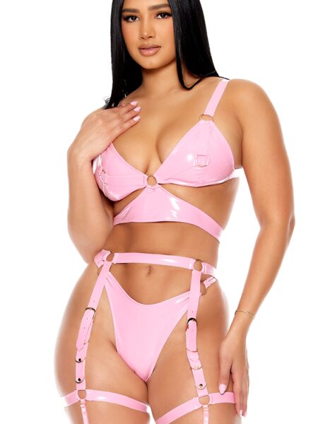 Watch Me Shine Vinyl Longline Bra Lingerie Set - Pink