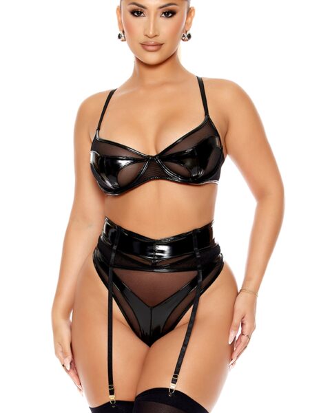 Opposites Attract Mesh and Vinyl Bra and Garter Belt Lingerie Set - Black
