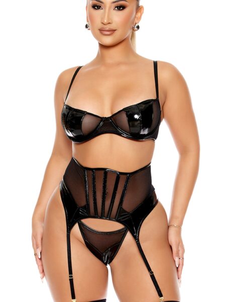 Opposites Attract Mesh and Vinyl Bra and Waist Cincher Lingerie Set - Black