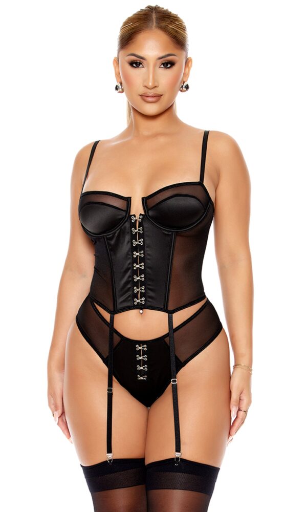 Got Him Hooked Satin and Mesh Bustier Lingerie Set - Black