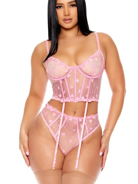 Heart You Embroidered Longline Bra Lingerie Set - Pink