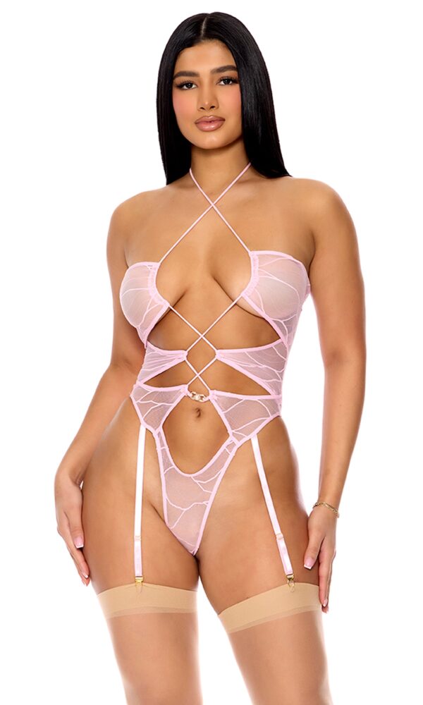 Pull My Strings Mesh Halterneck Teddy - Orchid
