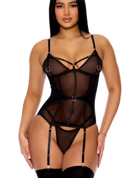 Piercing Desire Mesh Bustier Lingerie Set - Black