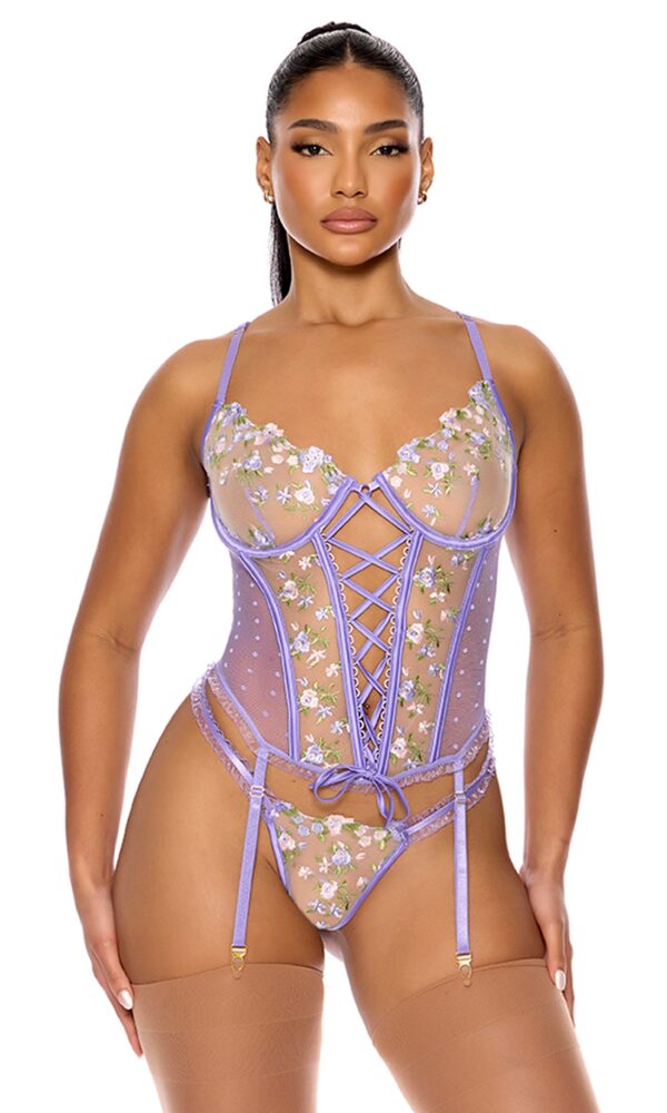 Bloom For You Embroidered Bustier Lingerie Set - Lavender