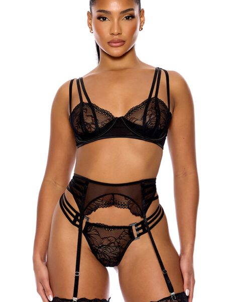 Thirst Strap Strappy Lace Demi Cup Bra and Garter Belt Lingerie Set  - Black