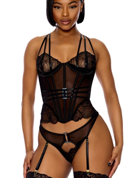 Thirst Strap Strappy Lace Bustier Lingerie Set  - Black