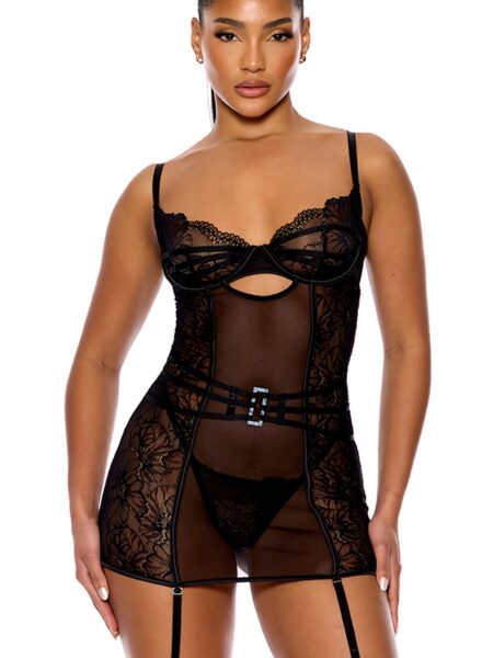 Thirst Strap Strappy Lace Chemise Lingerie Set - Black