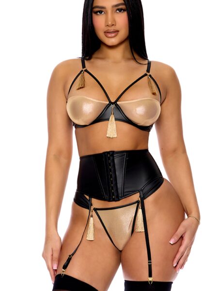 Show Stopper Metallic Mesh Bra and Waist Cincher Lingerie Set - Black Gold