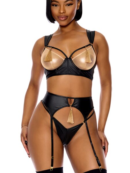 Show Stopper Metallic Mesh Bra and Garter Belt Lingerie Set - Black Gold