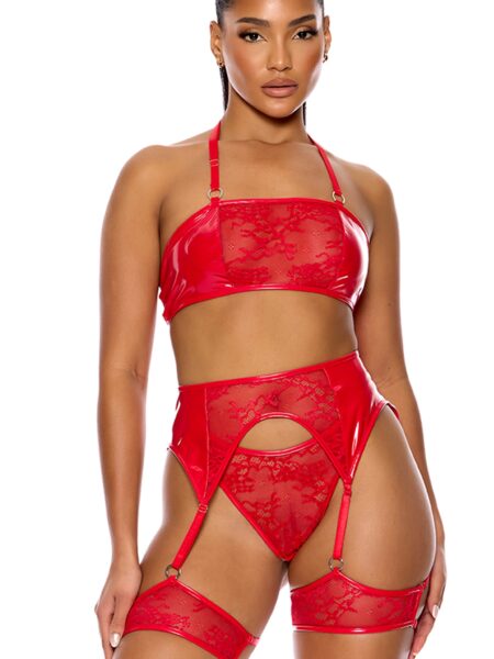 Perfect Pair Vinyl and Lace Bra and Garter Belt Lingerie Set - Red
