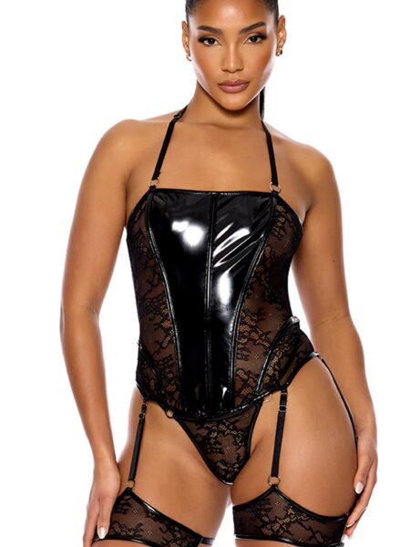 Perfect Pair Vinyl and Lace Bustier Lingerie Set - Black
