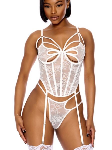 Honeymoon Suite Lace Bustier Lingerie Set - White