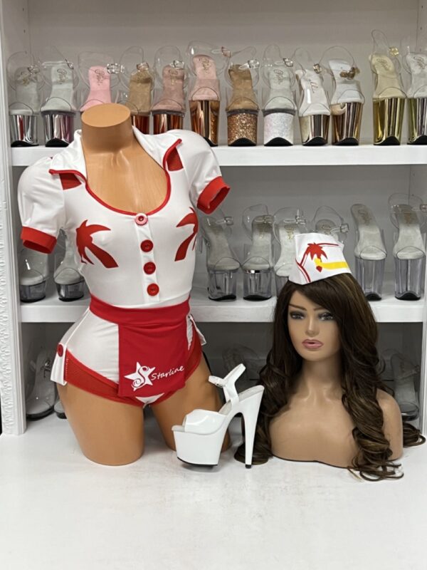 White and red fast food romper costume with matching apron and hat