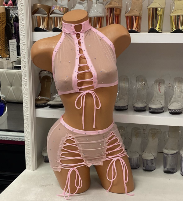 Baby Pink Choker Lace Up Skirt Set - Image 2