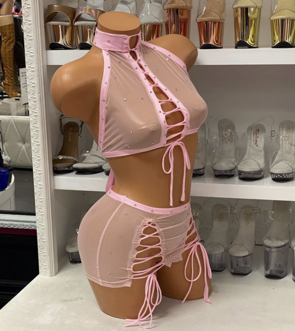 Baby Pink Choker Lace Up Skirt Set - Image 3