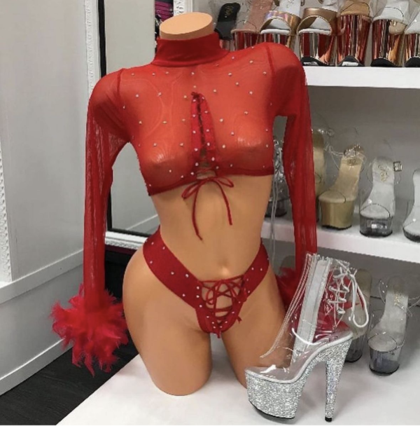 Red Feather Long Sleeve Lace Up 2pc